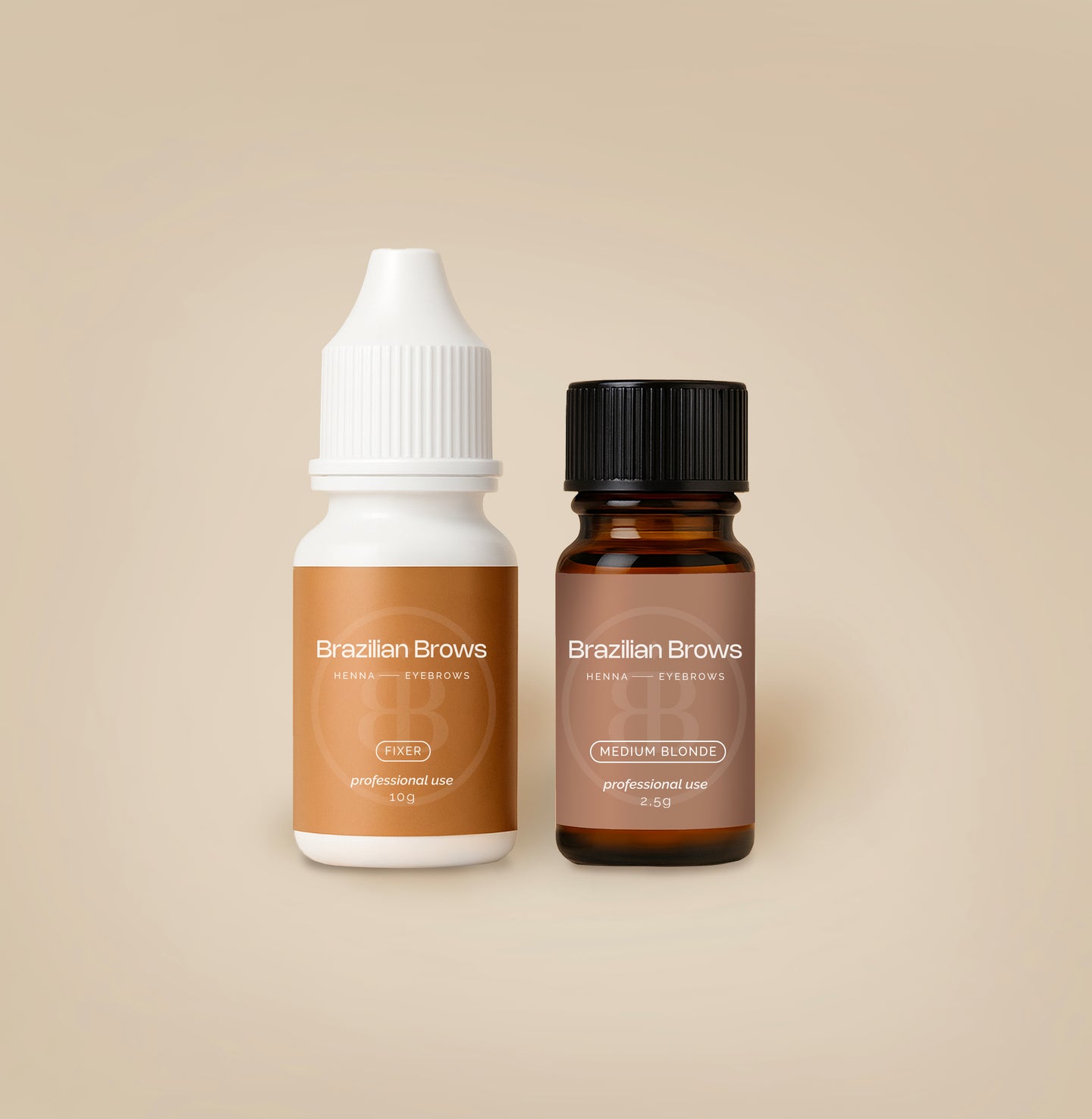 Two bottles of 'Brazilian Brows' product on a beige background